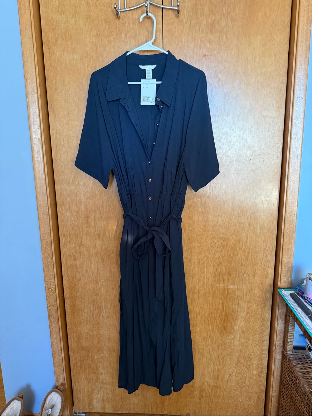 H&M Dark Navy Midi Shirt Dress with Waist Tie